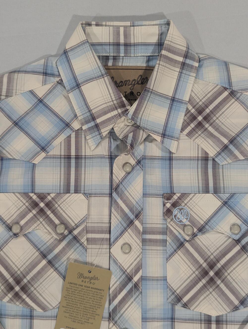Wrangler Retro Shirt Boys M 7-8 Blue Brown Plaid Long Sleeve Western Pearl Snap